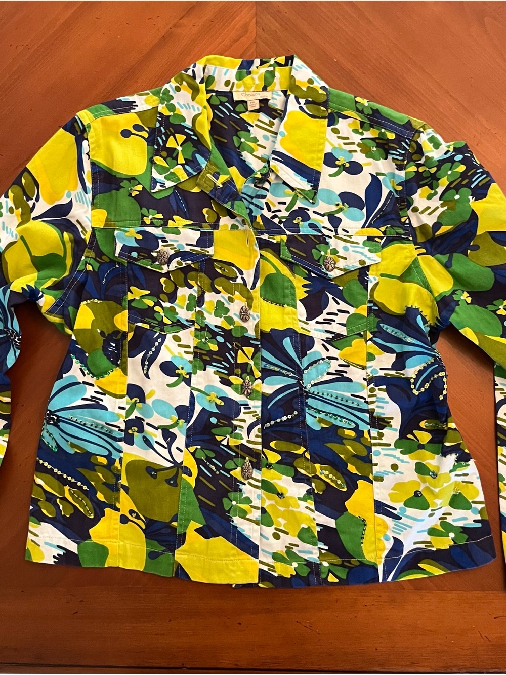 Choices Women’s Vibrant Floral Button-Front Shirt - jacket Yellow, Green & Blue